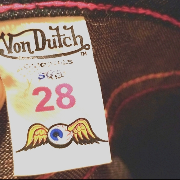 Y2k VON DUTCH Blue Purple Low Rise Flare Embroidery Patch Dark Wash Jeans 28 LN - Picture 7 of 16